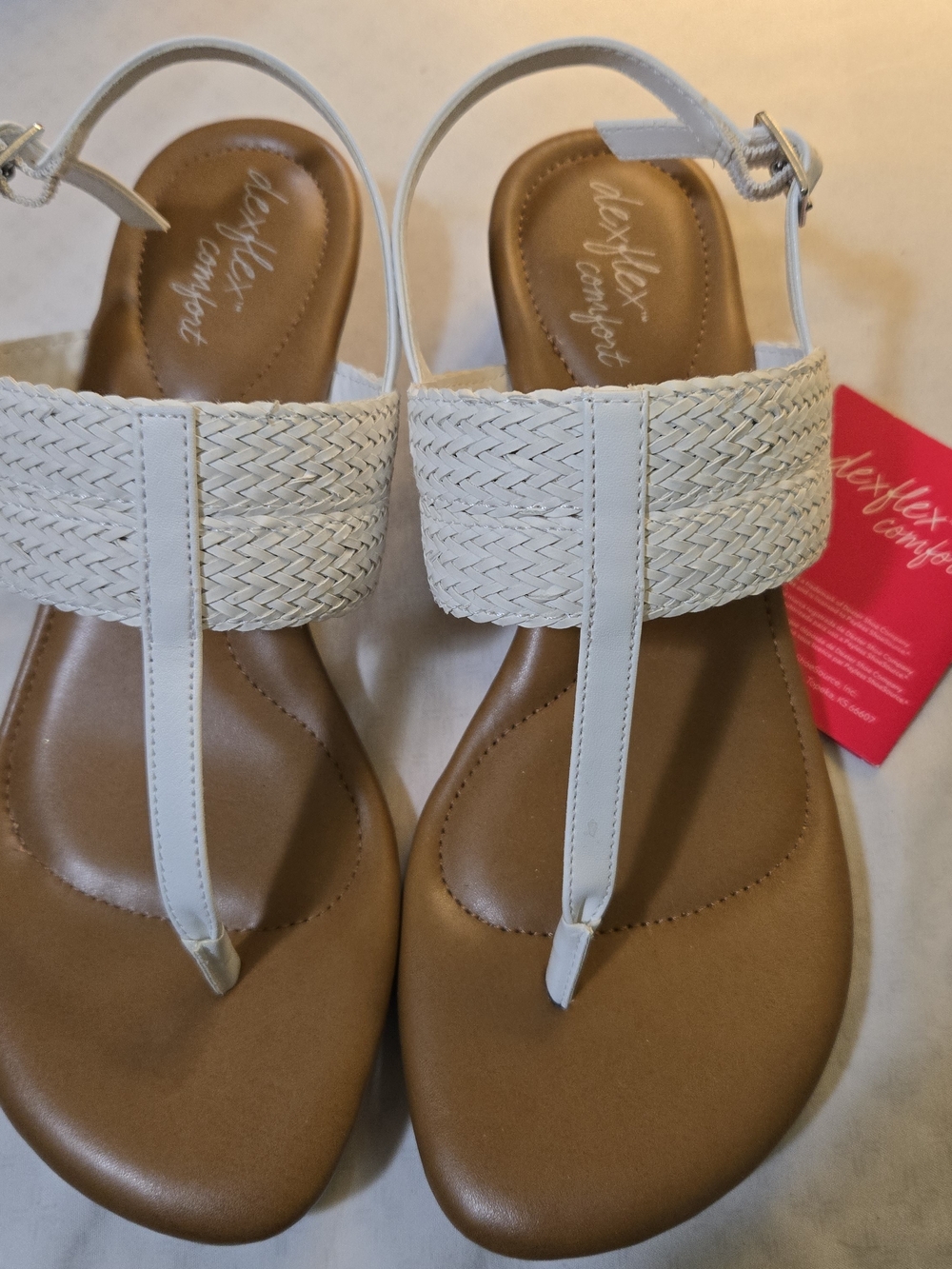 dexflex comfort White Braided T-Strap Sandals with Tan Footbed